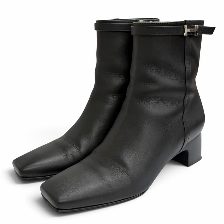 Great HERMES short boots HOMMAGE H Logo Side Zip Ankle Boots black leather 37