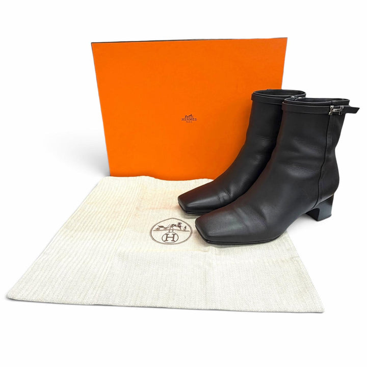 Great HERMES short boots HOMMAGE H Logo Side Zip Ankle Boots black leather 37