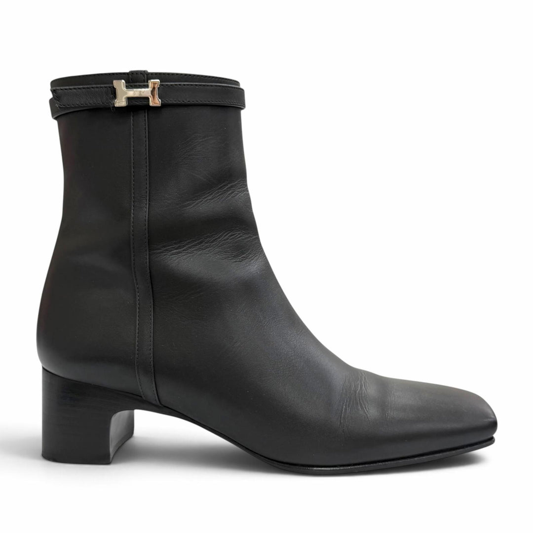 Great HERMES short boots HOMMAGE H Logo Side Zip Ankle Boots black leather 37
