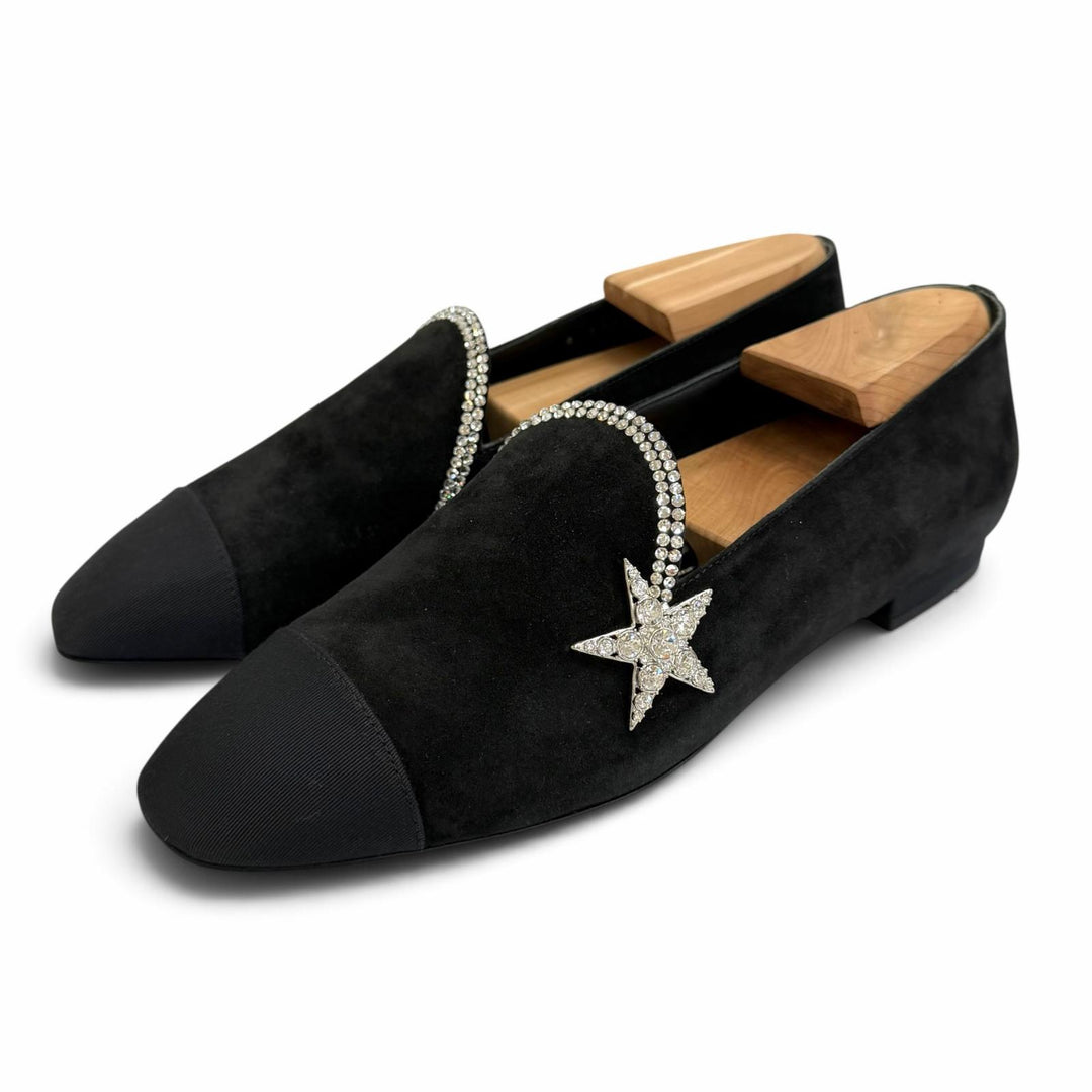 Excellent CHANEL pumps Star-embellished rhinestone flat shoes black 37 G35833