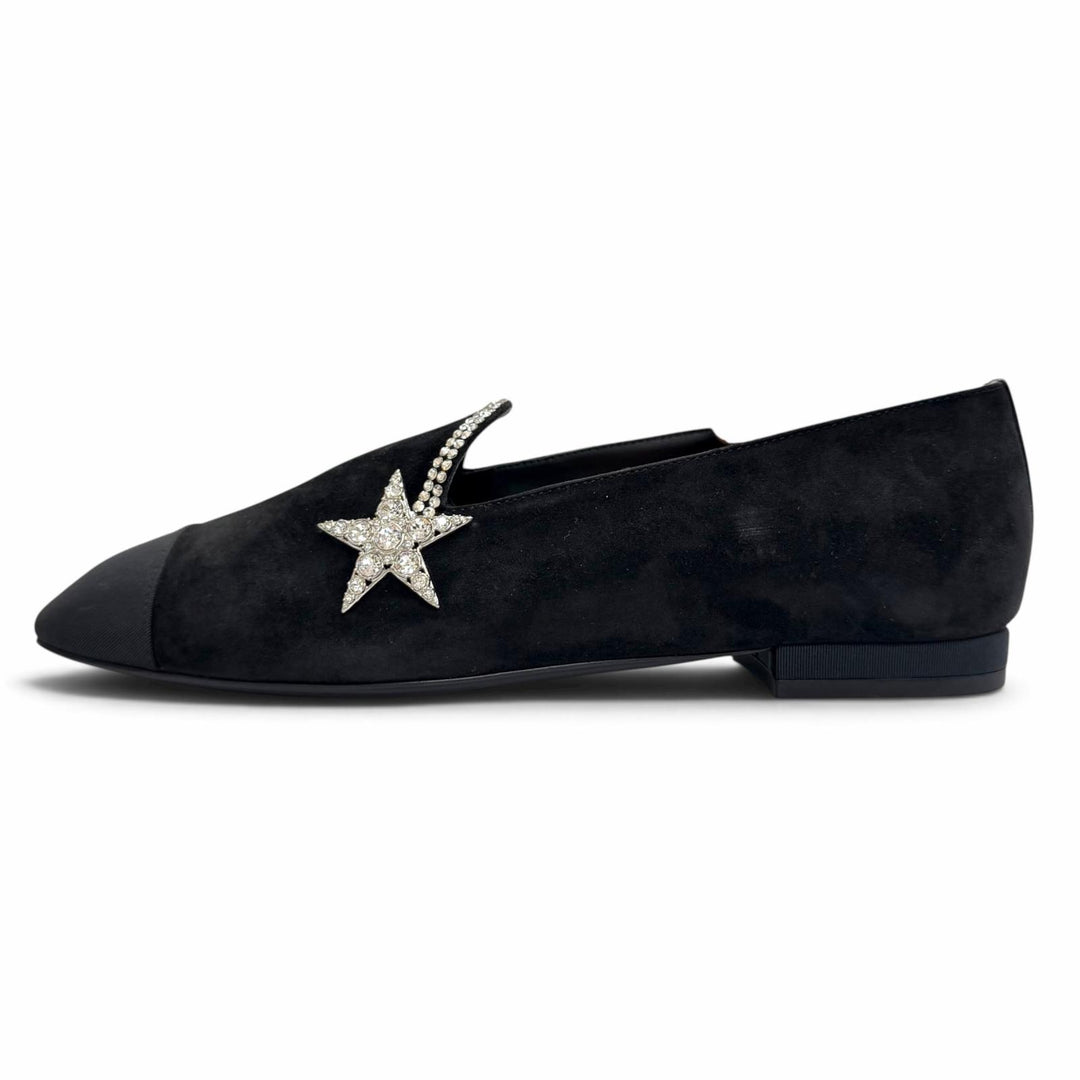 Excellent CHANEL pumps Star-embellished rhinestone flat shoes black 37 G35833