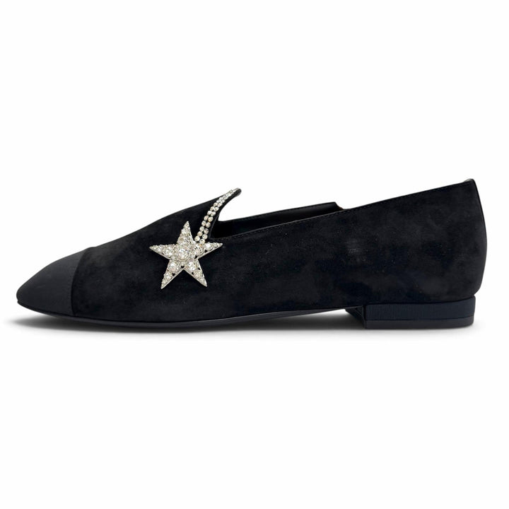Excellent CHANEL pumps Star-embellished rhinestone flat shoes black 37 G35833