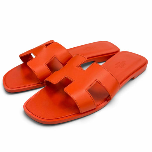 Pristine HERMES Sandals Oran H Design Leather Flats Orange leather Women 37.5