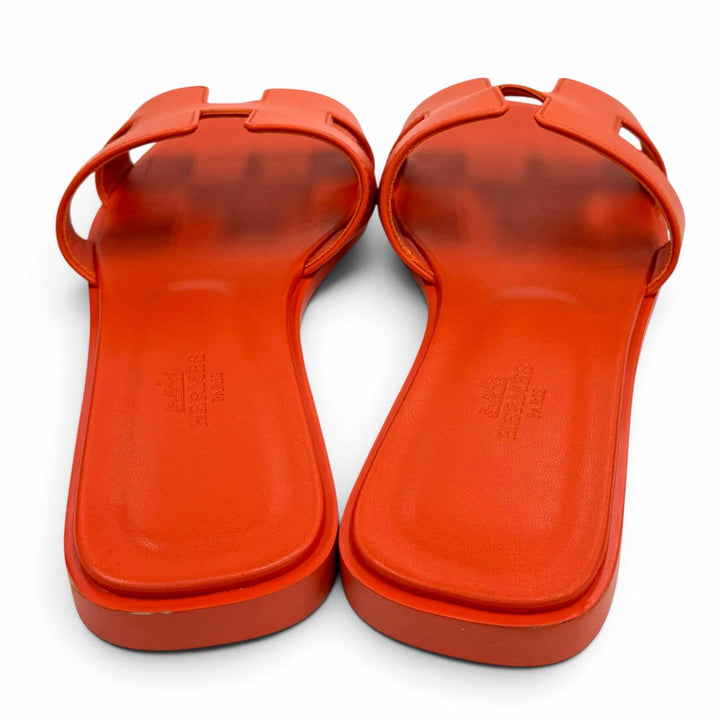 Pristine HERMES Sandals Oran H Design Leather Flats Orange leather Women 37.5