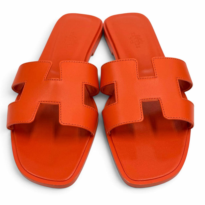 Pristine HERMES Sandals Oran H Design Leather Flats Orange leather Women 37.5