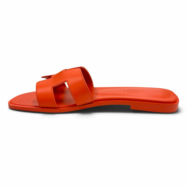 Pristine HERMES Sandals Oran H Design Leather Flats Orange leather Women 37.5