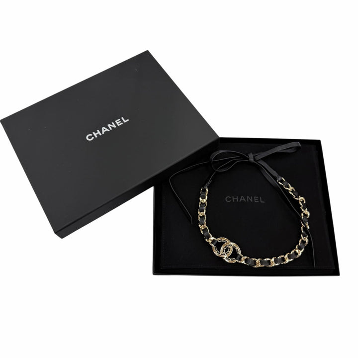 Excellent CHANEL hair accessory COCO Mark Leather Hairband black AB7846 B22P