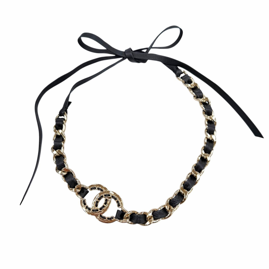 Excellent CHANEL COCO Mark Chain Leather Hairband black metal AB7846 B22P