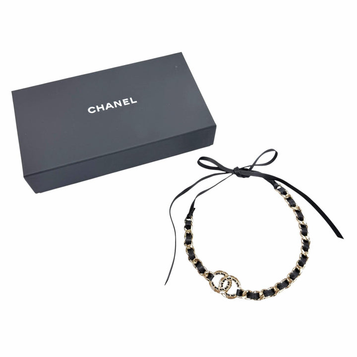 Excellent CHANEL COCO Mark Chain Leather Hairband black metal AB7846 B22P