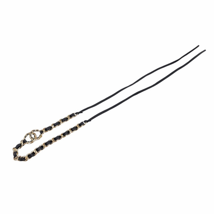 Excellent CHANEL COCO Mark Chain Leather Hairband black metal AB7846 B22P