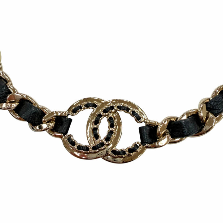 Excellent CHANEL COCO Mark Chain Leather Hairband black metal AB7846 B22P