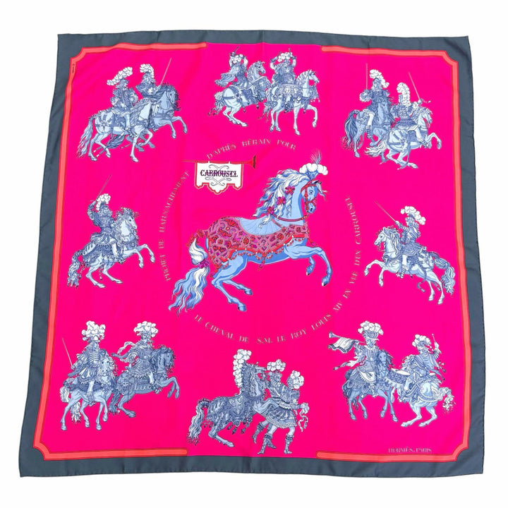 Excellent HERMES scarf CARROUSEL Merry-go-round Calle 90 pink silk Women
