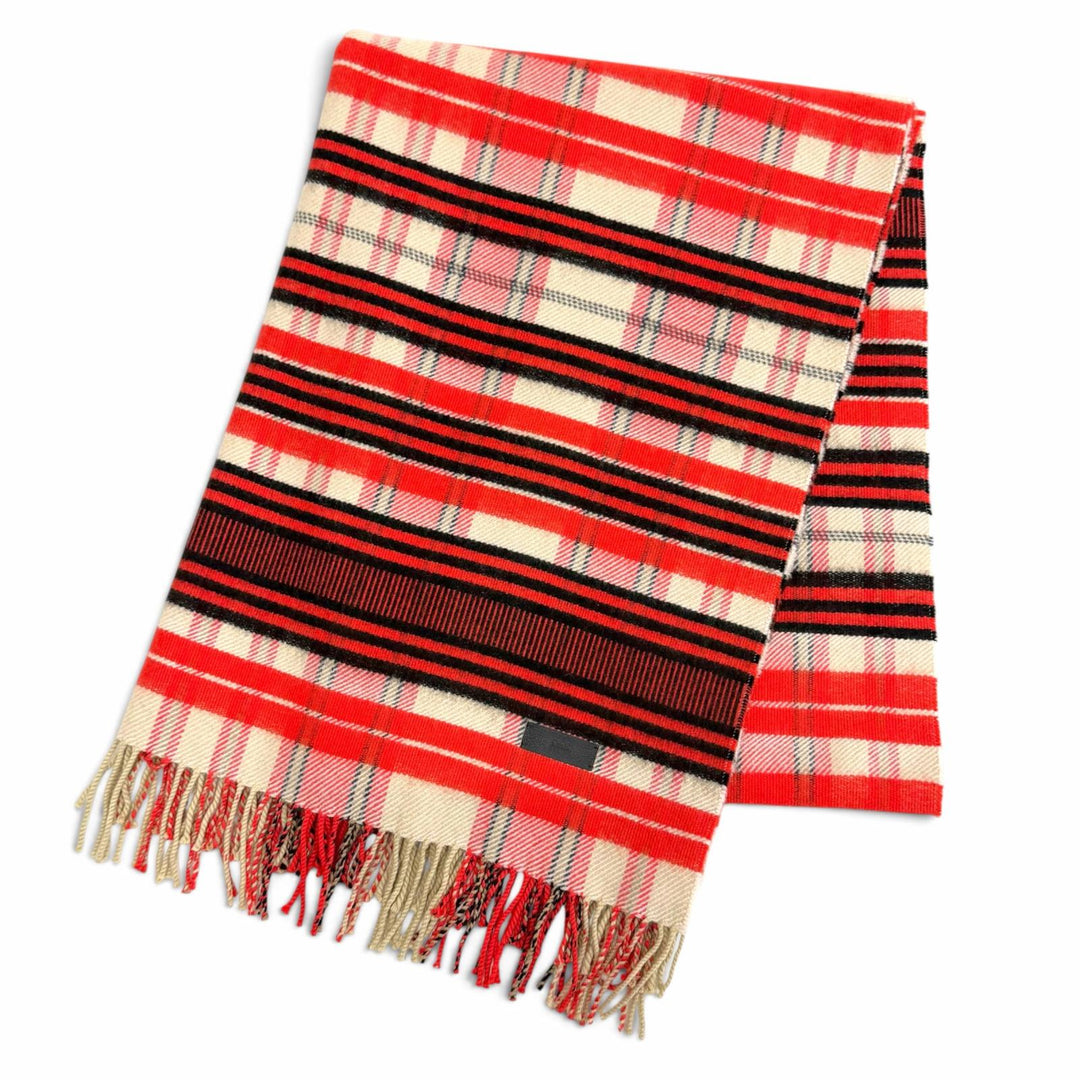 Excellent HERMES blanket Logo leather patch, check pattern, fringe, cashmere