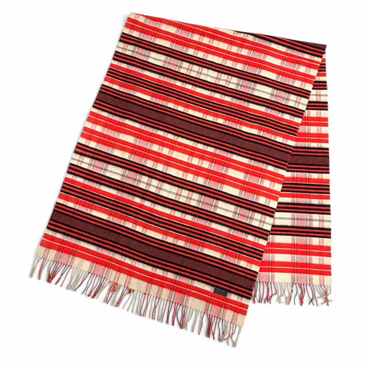 Excellent HERMES blanket Logo leather patch, check pattern, fringe, cashmere