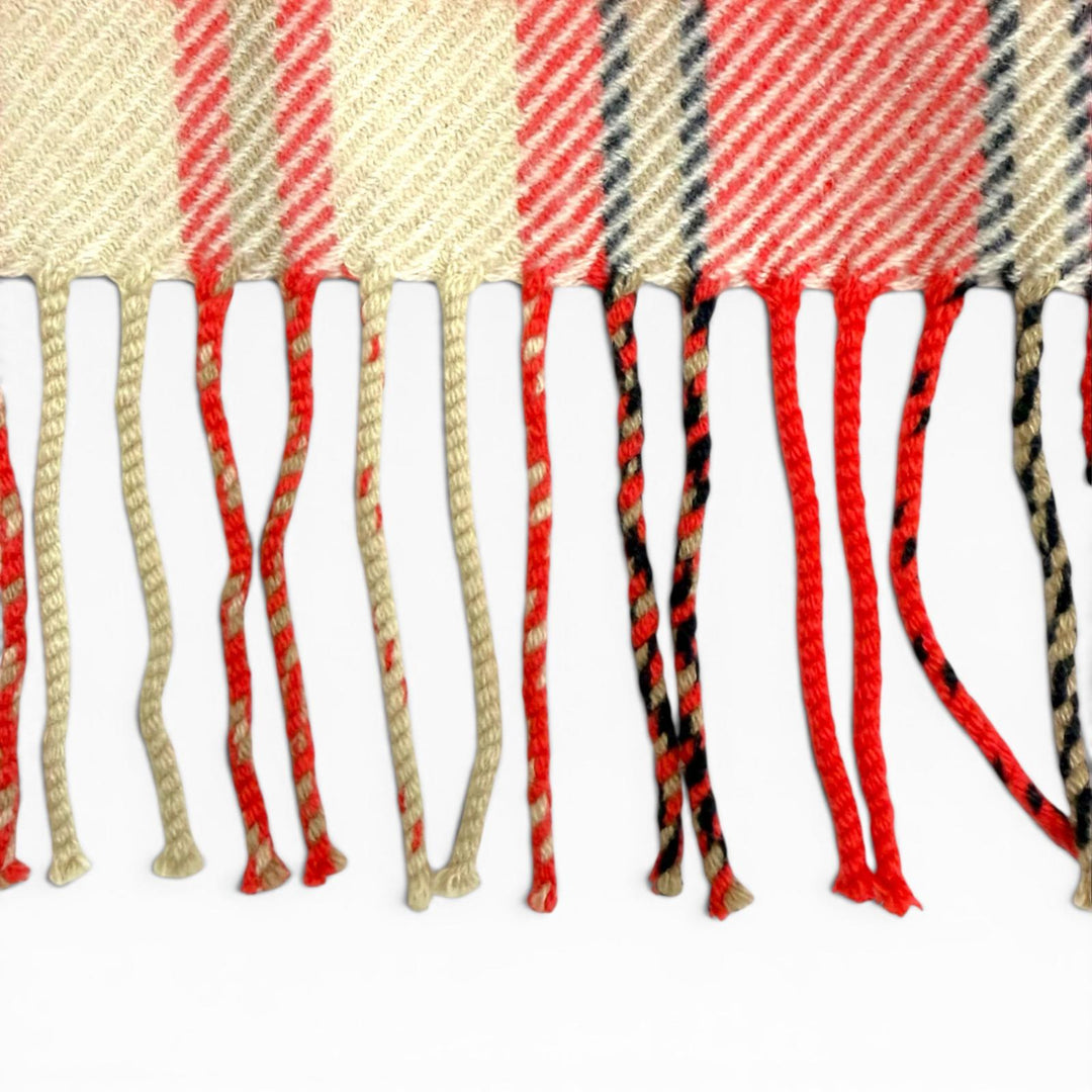 Excellent HERMES blanket Logo leather patch, check pattern, fringe, cashmere