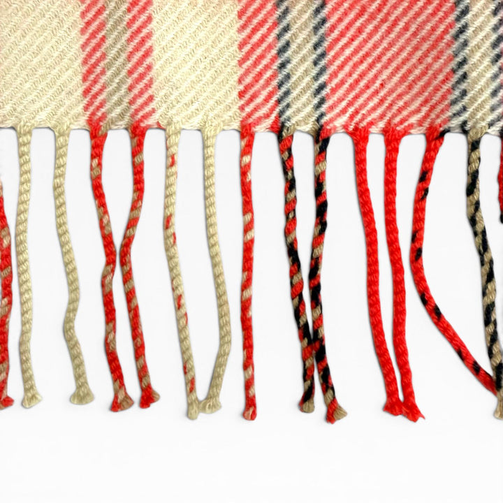 Excellent HERMES blanket Logo leather patch, check pattern, fringe, cashmere