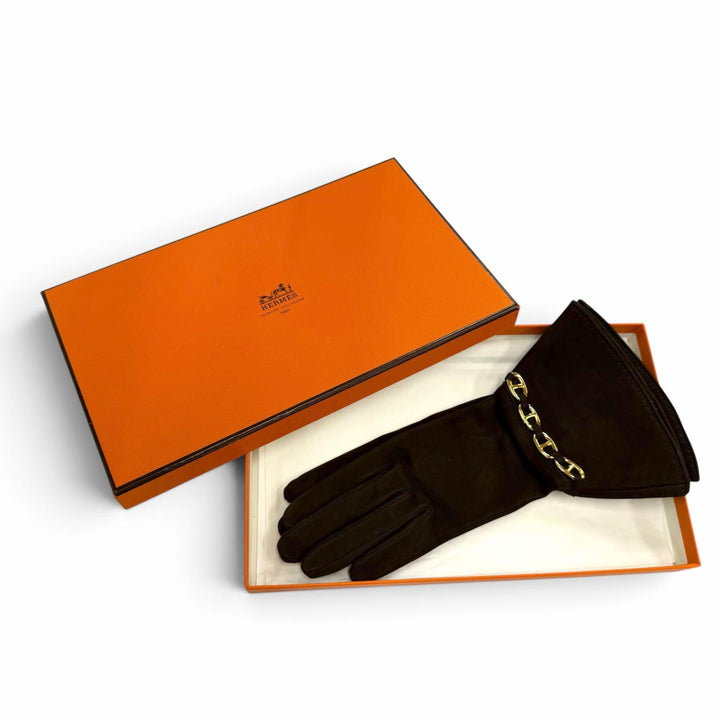 Great HERMES gloves Chaine d'Ancre Suede Leather Gloves Dark brown Women 6