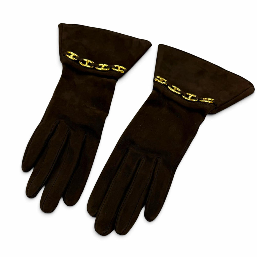 Great HERMES gloves Chaine d'Ancre Suede Leather Gloves Dark brown Women 6