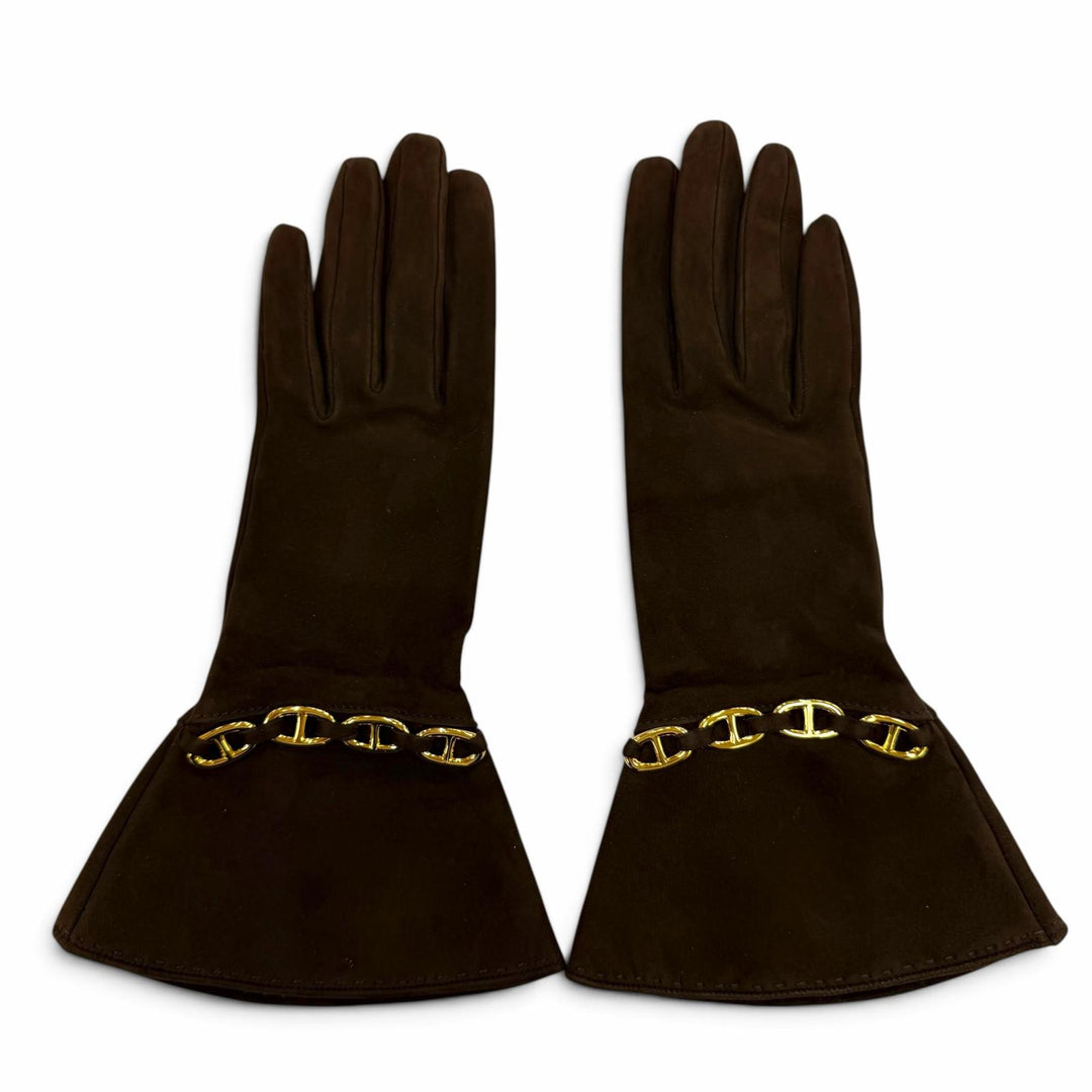 Great HERMES gloves Chaine d'Ancre Suede Leather Gloves Dark brown Women 6