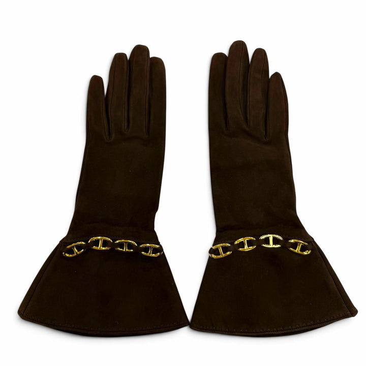 Great HERMES gloves Chaine d'Ancre Suede Leather Gloves Dark brown Women 6