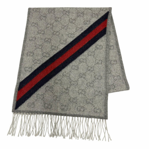 Excellent GUCCI Scarf GG pattern web stripe with fringe gray wool Women 570603