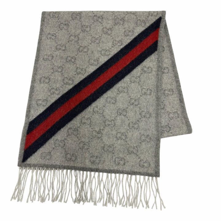 Excellent GUCCI Scarf GG pattern web stripe with fringe gray wool Women 570603