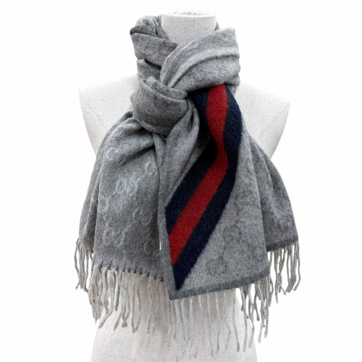 Excellent GUCCI Scarf GG pattern web stripe with fringe gray wool Women 570603