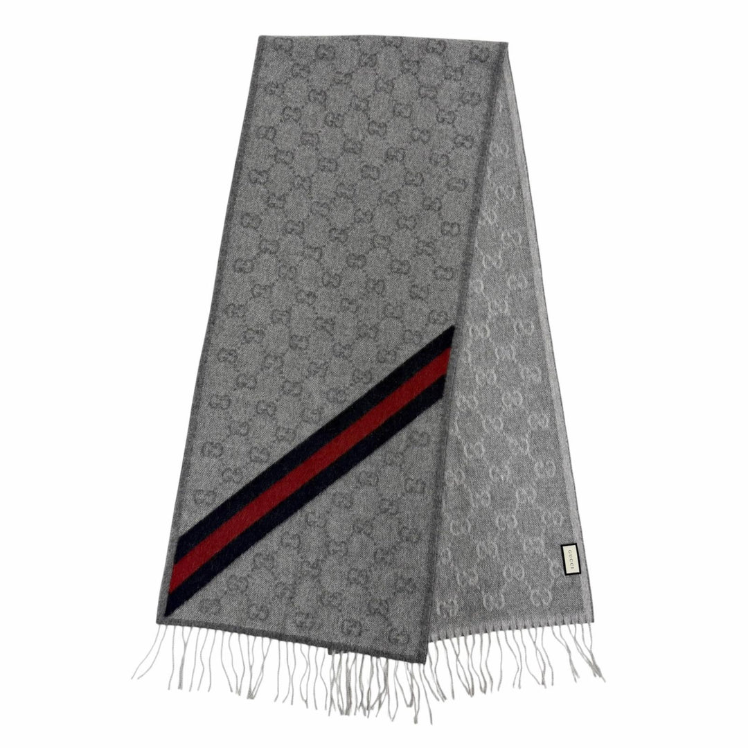 Excellent GUCCI Scarf GG pattern web stripe with fringe gray wool Women 570603