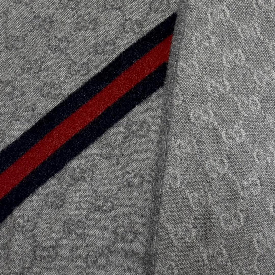 Excellent GUCCI Scarf GG pattern web stripe with fringe gray wool Women 570603