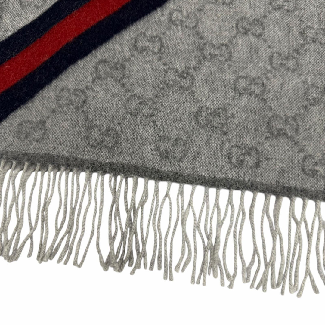 Excellent GUCCI Scarf GG pattern web stripe with fringe gray wool Women 570603