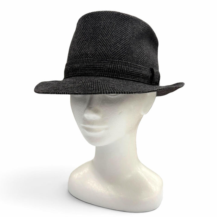 Excellent HERMES hat Herringbone Pattern H Logo Embroidered Fedora Hat gray wool