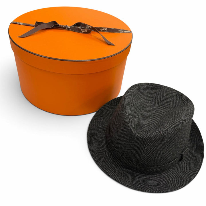 Excellent HERMES hat Herringbone Pattern H Logo Embroidered Fedora Hat gray wool