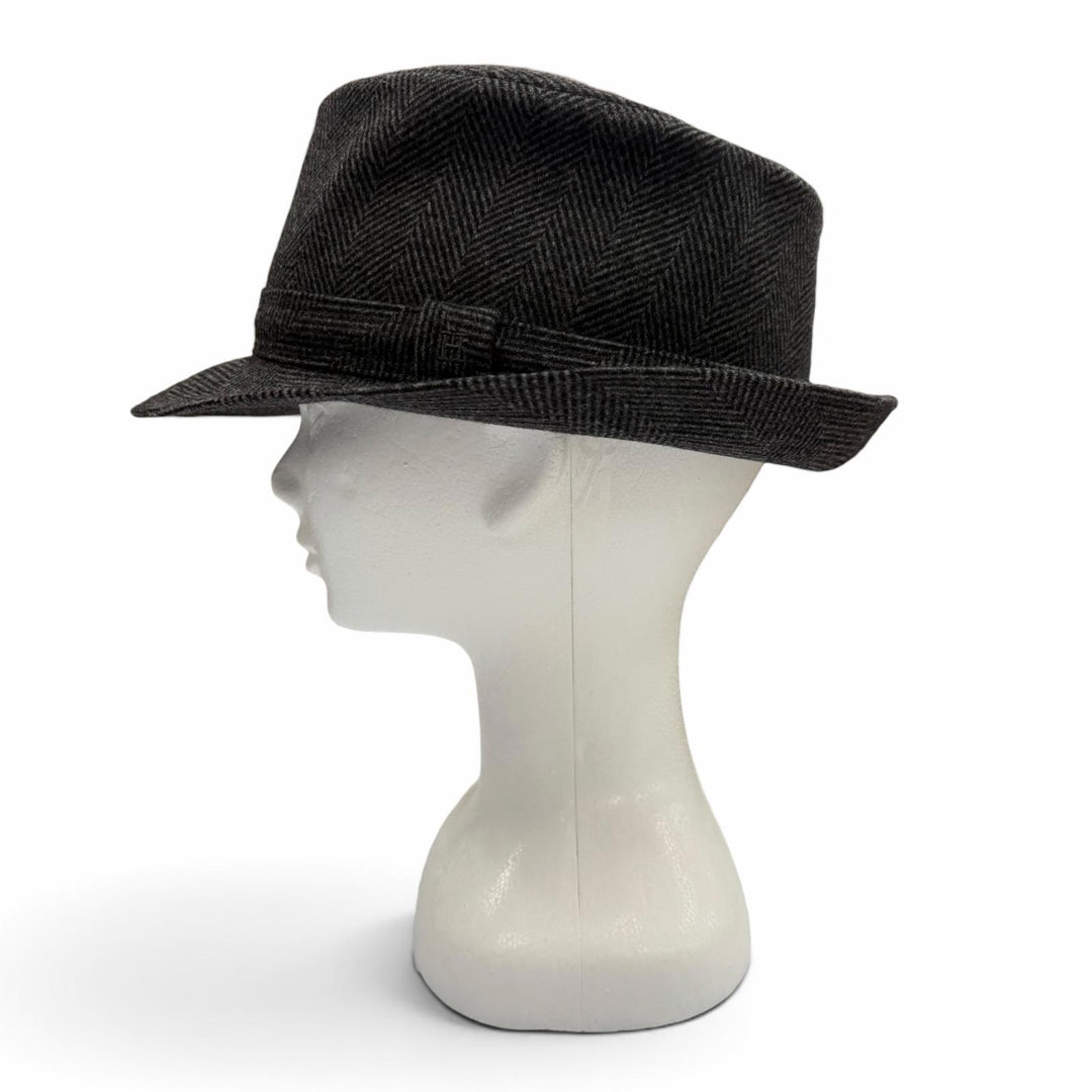 Excellent HERMES hat Herringbone Pattern H Logo Embroidered Fedora Hat gray wool