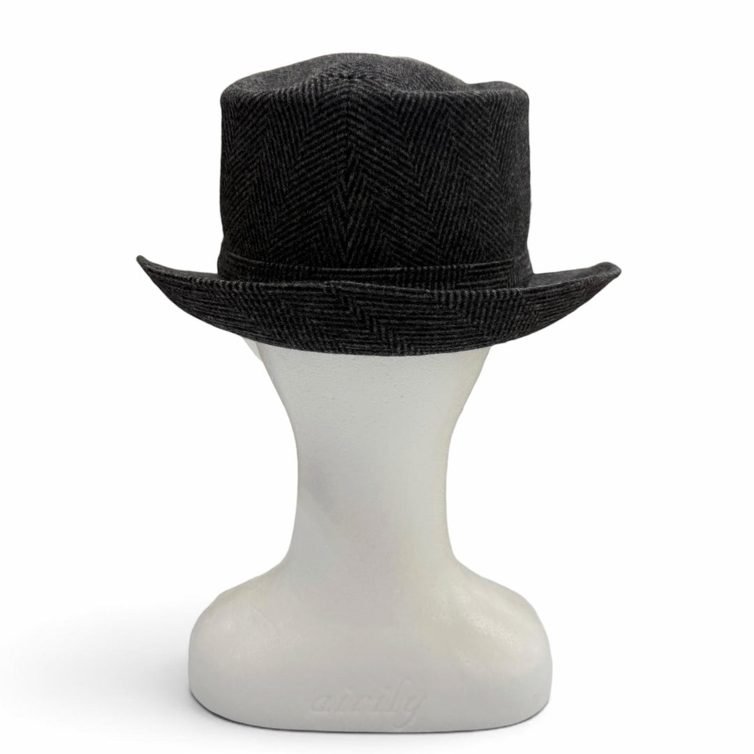 Excellent HERMES hat Herringbone Pattern H Logo Embroidered Fedora Hat gray wool