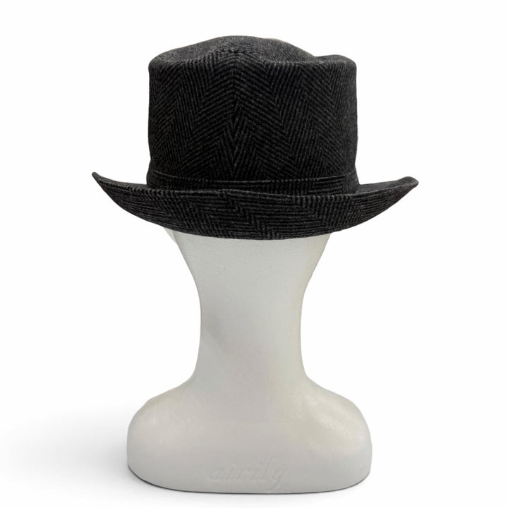 Excellent HERMES hat Herringbone Pattern H Logo Embroidered Fedora Hat gray wool