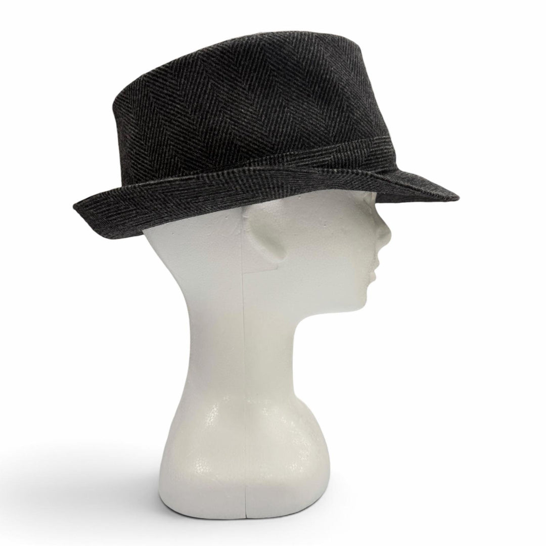 Excellent HERMES hat Herringbone Pattern H Logo Embroidered Fedora Hat gray wool