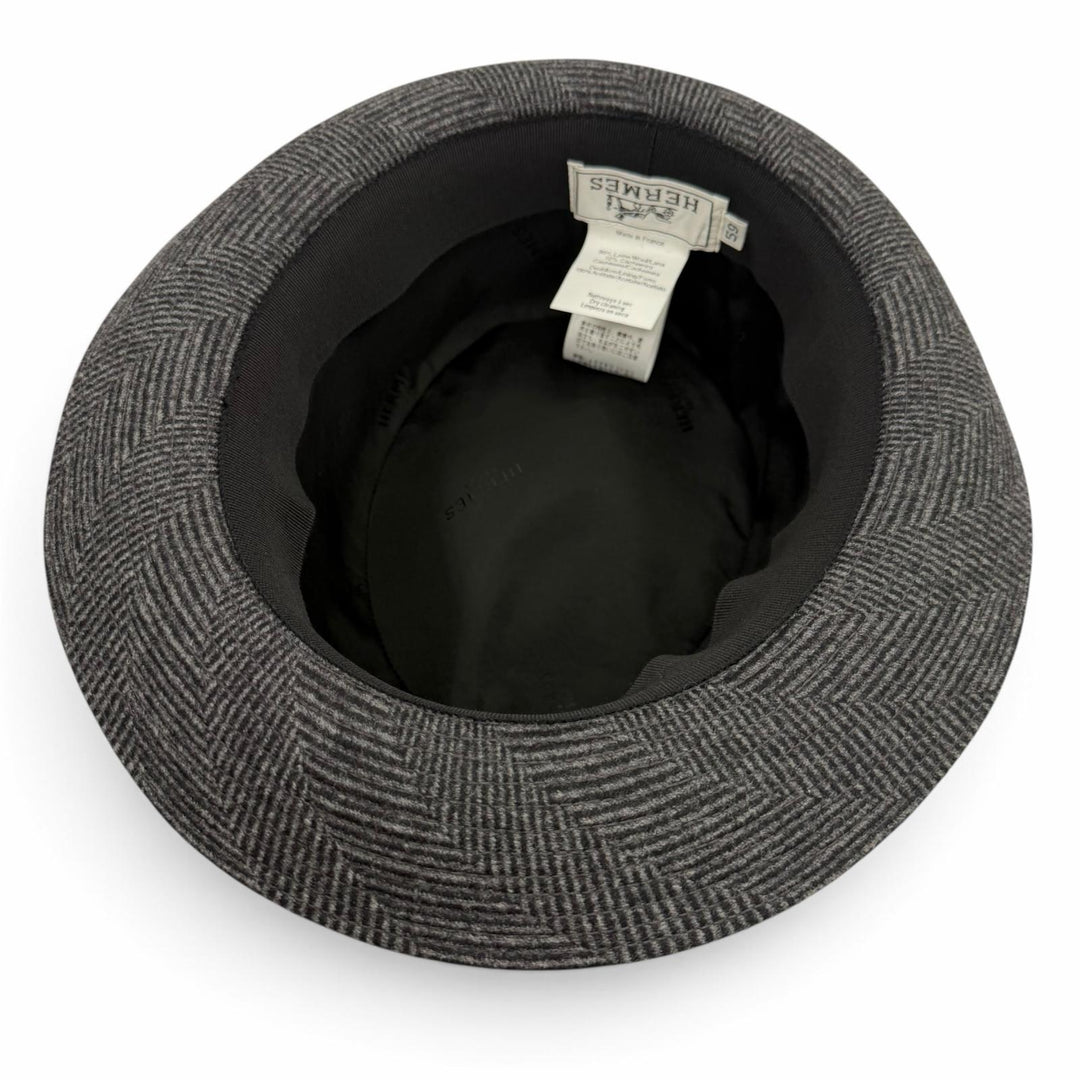 Excellent HERMES hat Herringbone Pattern H Logo Embroidered Fedora Hat gray wool