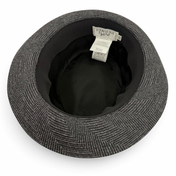 Excellent HERMES hat Herringbone Pattern H Logo Embroidered Fedora Hat gray wool