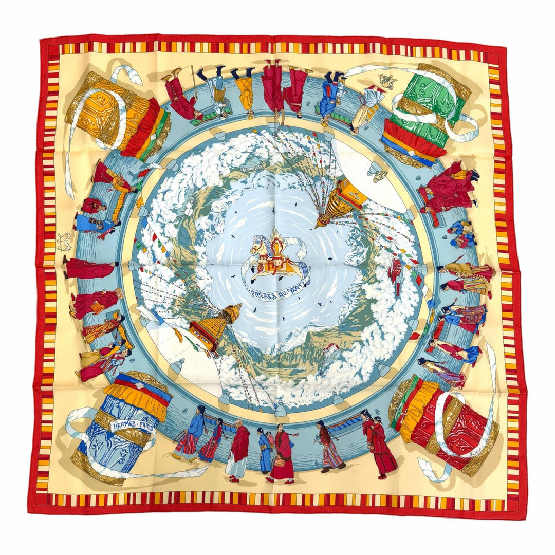 Excellent HERMES scarf Prayers in the Wind Calle 90 Red series silk Women