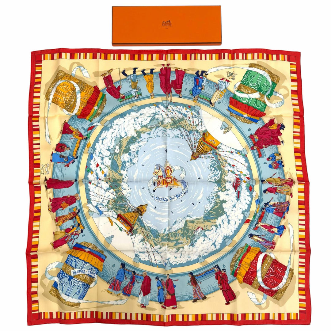 Excellent HERMES scarf Prayers in the Wind Calle 90 Red series silk Women