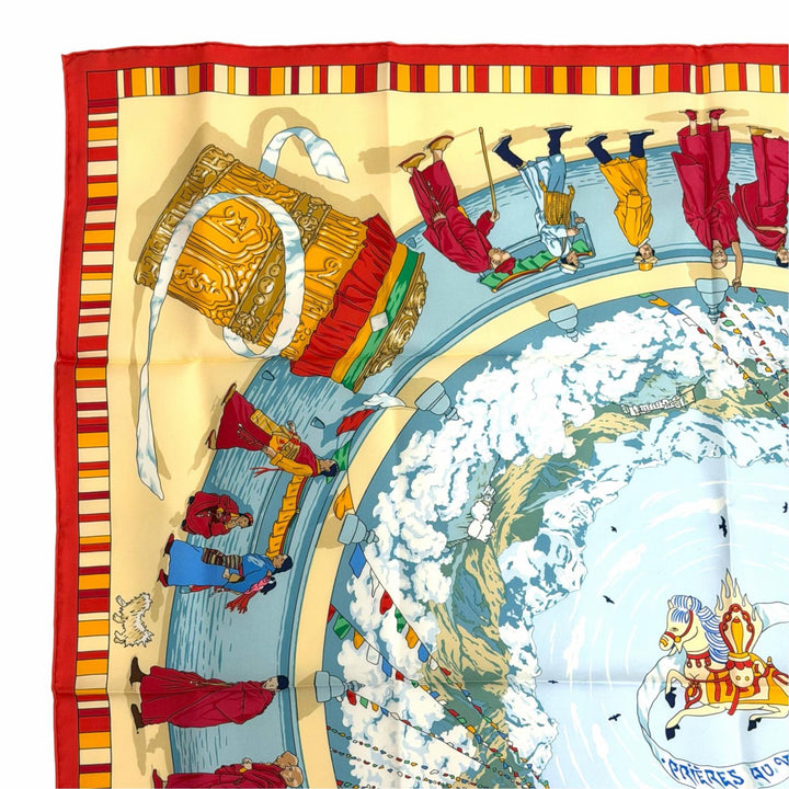 Excellent HERMES scarf Prayers in the Wind Calle 90 Red series silk Women