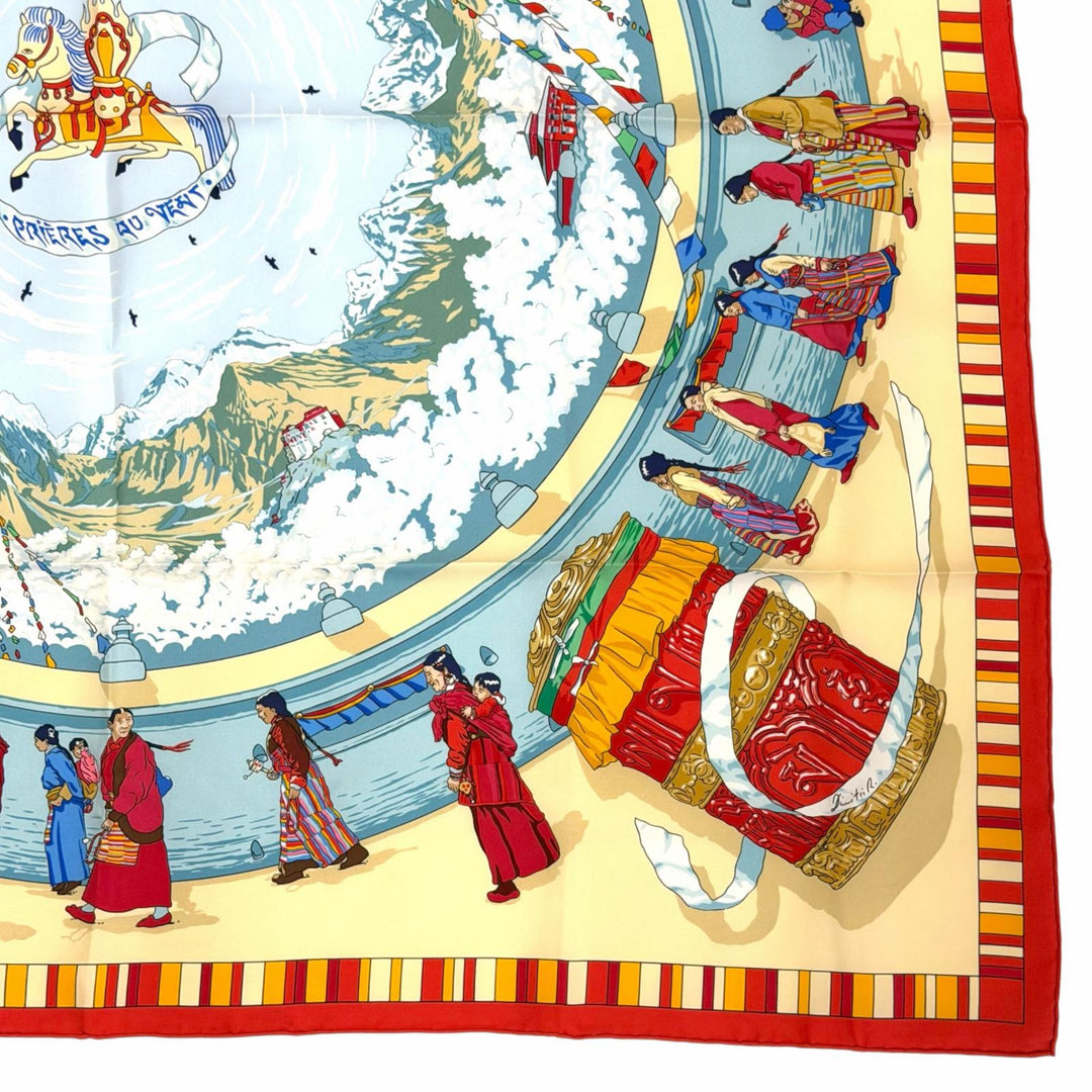 Excellent HERMES scarf Prayers in the Wind Calle 90 Red series silk Women