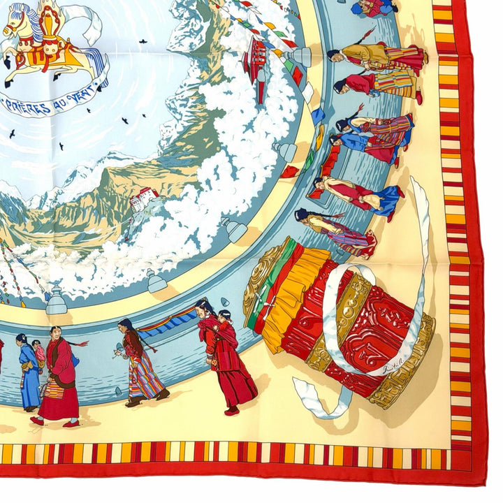 Excellent HERMES scarf Prayers in the Wind Calle 90 Red series silk Women