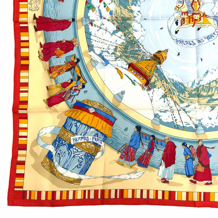 Excellent HERMES scarf Prayers in the Wind Calle 90 Red series silk Women