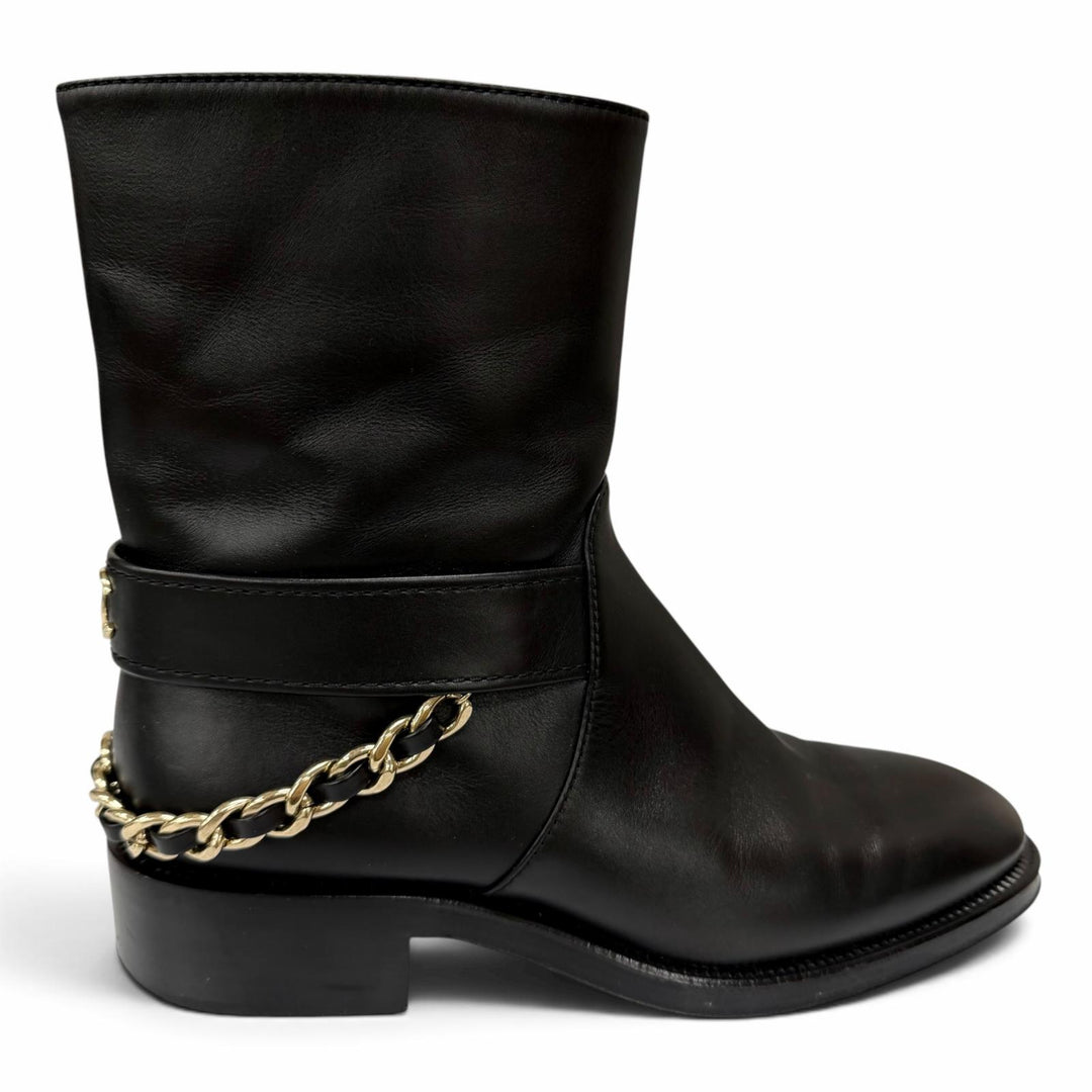 Great CHANEL short boots COCO Mark Chain Embellished Side Zip Leather 36 G39170