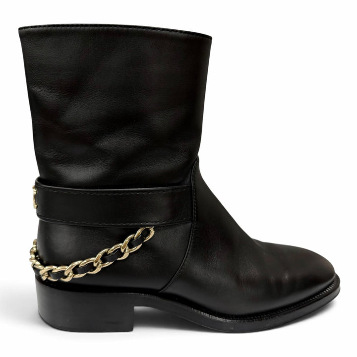 Great CHANEL short boots COCO Mark Chain Embellished Side Zip Leather 36 G39170
