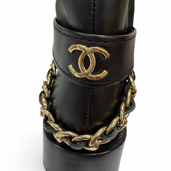 Great CHANEL short boots COCO Mark Chain Embellished Side Zip Leather 36 G39170