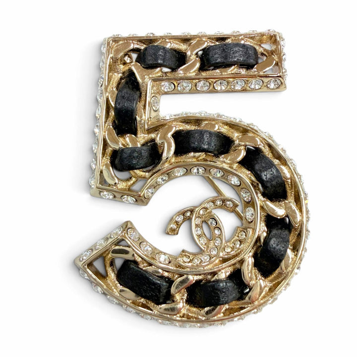 Excellent CHANEL Brooch No. 5 COCO Mark Rhinestone Leather gold Women B23P