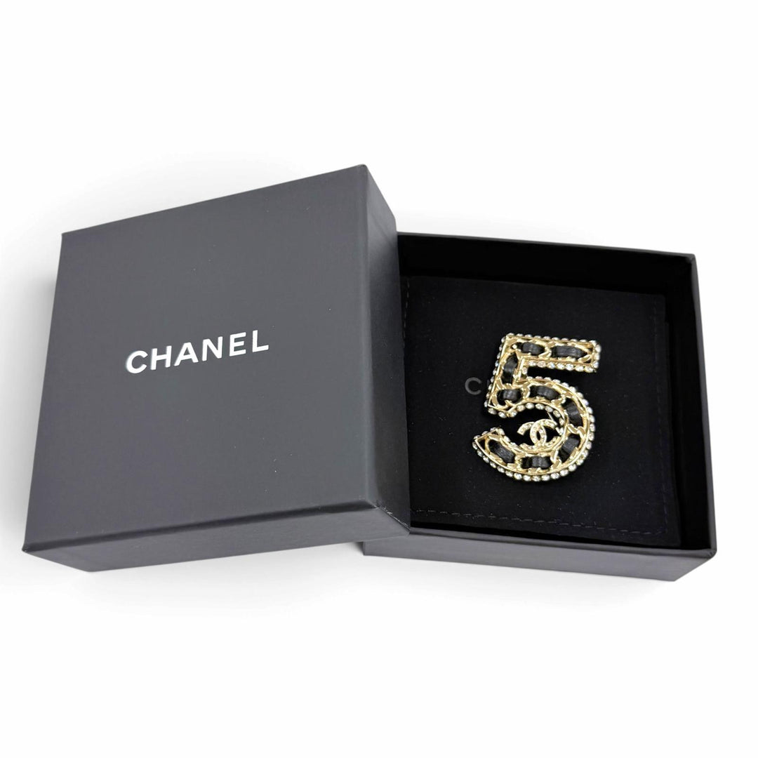 Excellent CHANEL Brooch No. 5 COCO Mark Rhinestone Leather gold Women B23P