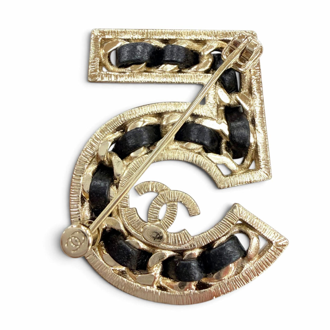 Excellent CHANEL Brooch No. 5 COCO Mark Rhinestone Leather gold Women B23P